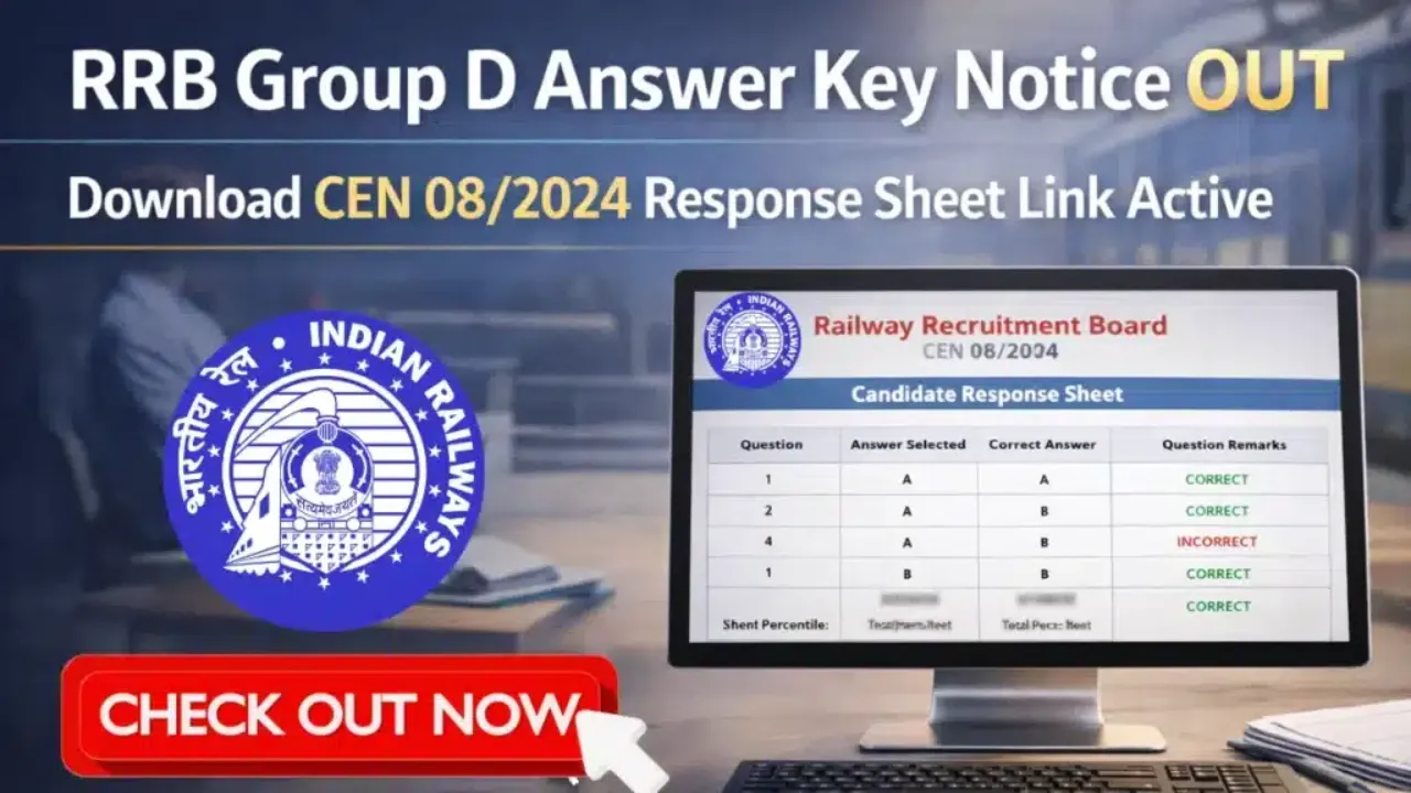 RRB Group D Answer Key 2026 Released for CEN 08/2024 CBT, Check Response Sheet and Raise Objections Online